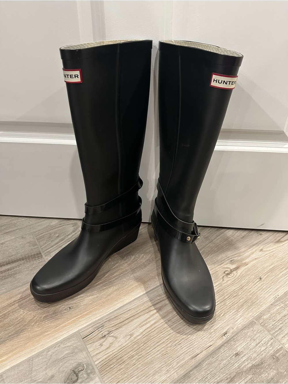 Hunter Tall Matte Black Waterproof Rain Boots wedge heel